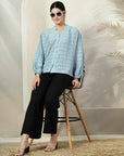Blue solid opaque Casual Buttoned Top