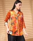 Orange Printed V Neck Floral Print Top