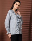 Women Blue Striped Casual Buttoned Top