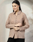 Women Standard Brown Opaque Casual Buttoned Top