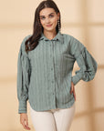 Sea Green Women Opaque Casual Buttoned Top