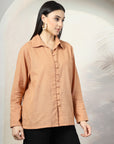 Women Standard Peach Opaque Casual Buttoned Top