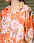 Orange Regular Sleeves Spread Collar Women Standard Floral Opaque Printed Casual Buttoned Top