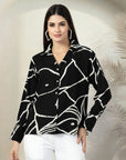 Black Printed opaque spread collar Casual Buttoned Top