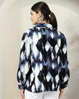 Blue Printed opaque Spread Collar Casual Buttoned Top