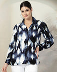 Blue Printed opaque Spread Collar Casual Buttoned Top