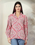 Pink Printed opaque Casual Buttoned Top