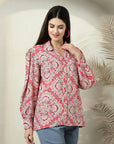 Pink Printed opaque Casual Buttoned Top