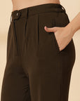 Brown Solid Pleated Trousers