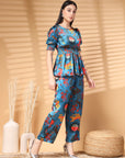 Teal Top Short Sleeves Women Printed Top With Trouser Co Ords