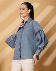 Blue Floral Opaque Casual Buttoned Top