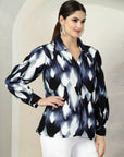 Blue Printed opaque Spread Collar Casual Buttoned Top