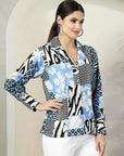 Blue floral printed opaque Full Sleeve Casual Buttoned Top