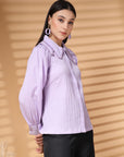 Lavender Regular Sleeves Above the Keyboard Collar Women Standard Opaque Casual Buttoned Top