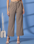 Beige Solid Pleated Trousers