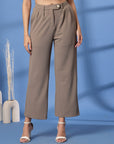 Beige Solid Pleated Trousers