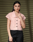 Pink Solid Shirt Collar Cotton Crop Top