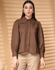 Brown Regular Sleeves Above the Keyboard Collar Women Standard Opaque Casual Buttoned Top
