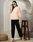 Women Pink Solid Round Neck 3/4th Sleeve Cotton Top
