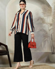 Multicoloured Stripe opaque Casual Buttoned Top