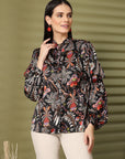 Women Black Floral Opaque Printed Casual Buttoned Top