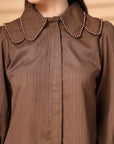 Brown Regular Sleeves Above the Keyboard Collar Women Standard Opaque Casual Buttoned Top