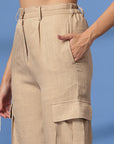 Beige Solid Pleated Trousers