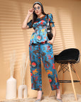 Teal Top Short Sleeves Women Printed Top With Trouser Co Ords