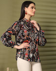 Women Black Floral Opaque Printed Casual Buttoned Top
