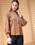 Brown Regular Sleeves Spread Collar Women Standard Opaque Casual Buttoned Top