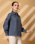 Women Blue Floral Opaque Casual Buttoned Top