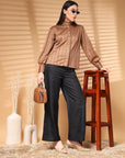 Brown Regular Sleeves Spread Collar Women Standard Opaque Casual Buttoned Top