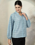 Blue solid opaque Casual Buttoned Top