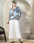 Blue floral printed opaque Full Sleeve Casual Buttoned Top