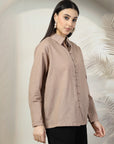 Women Standard Brown Opaque Casual Buttoned Top