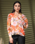 Orange Regular Sleeves Spread Collar Women Standard Floral Opaque Printed Casual Buttoned Top