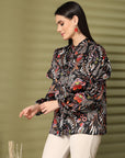 Women Black Floral Opaque Printed Casual Buttoned Top
