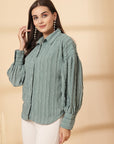 Sea Green Women Opaque Casual Buttoned Top