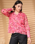 Pink Regular Sleeves Spread Collar Women Standard Floral Opaque Printed Casual Buttoned Top