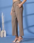 Beige Solid Pleated Trousers