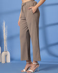 Beige Solid Pleated Trousers