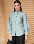 Sea Green Regular Sleeves Spread Collar Women Standard Opaque Casual Buttoned Top