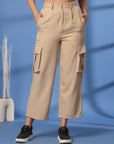 Beige Solid Pleated Trousers