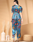 Teal Top Short Sleeves Women Printed Top With Trouser Co Ords