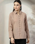 Women Standard Brown Opaque Casual Buttoned Top