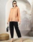 Women Standard Peach Opaque Casual Buttoned Top