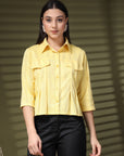 Yellow Solid Shirt Collar Crop Top