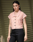 Pink Solid Shirt Collar Cotton Crop Top