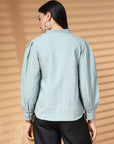 Sea Green Regular Sleeves Spread Collar Women Standard Opaque Casual Buttoned Top