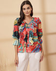 Multi Floral Print Bell Sleeve Top